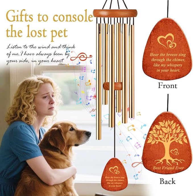 Dog Memorial Gifts Wind Chimes, Pet Loss Sympathy Gift, 25.5'' Dog Cat Passing Away Remembrance Wind Chime with Rainbow Bridge Poem Card, Gold