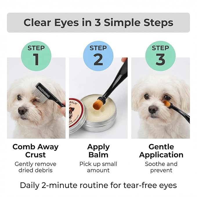 4-in-1 Tear Stain Remover Kit for Dogs & Cats - 1oz Natural Eye Balm with Pro Application Brush & 2 Stainless Steel Combs - Professional Eye Gunk (4in1a)