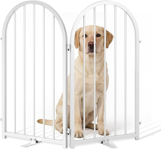 Full Metal Dog Gate for Indoor Outdoor, 32" Tall Free Standing Pet Dog Fence, 36" Wide Arched Pet Gates for Stairs, Hallways, Doorways, Kitchen, Decks, Yards (White, 2 Panels)