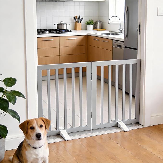 Dog Gate Indoor, Freestanding Dog Fence for The House, Doorways, Hallways,or Stairs,Pet Gate Foldable Wooden,Expandable 24" Height 2 Panels,Grey