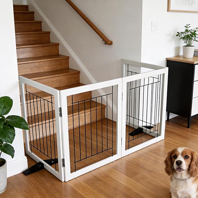 ZJSF Freestanding Dog Gate Indoor, Foldable Dog Fence for Doorways,Hallways or Stairs, Sturdy Wood Extra Wide Pet Gate with Support Feet,White,24 "Height-4 Panels