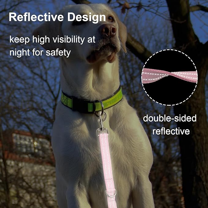 Thick Dual Padded Handle for Dog Training Control, 18 Inches Traffic Dog Leash Short with Reflective Stitching, Heavy Duty Short Hand for Small to Strong Sized Dogs Training Leash Pink 1.5FT