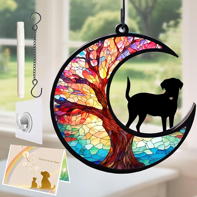 Dog Angel Memorial Suncatcher with Rainbow Bridge Poem Card, Pet Sympathy Gifts for Loss of Dogs and Cats, Life Tree and Dog
