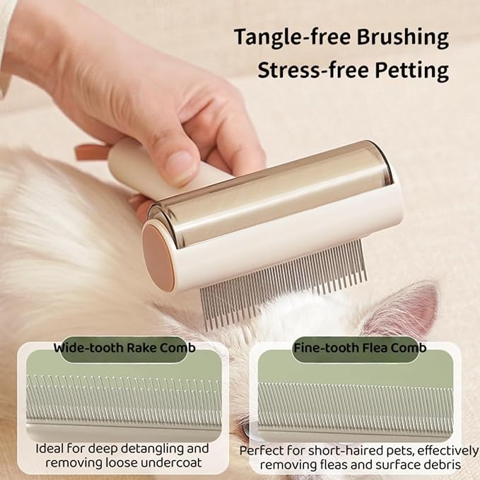 3-in-1 Pet Grooming Combs for Matted Hair Dogs/Cats,Stainless Grooming Comb with Short & Long Teeth,With a Lint Roller for Dust & Hair,Hidden Dematting Comb for Long Hair,Easy to Use and Clean White