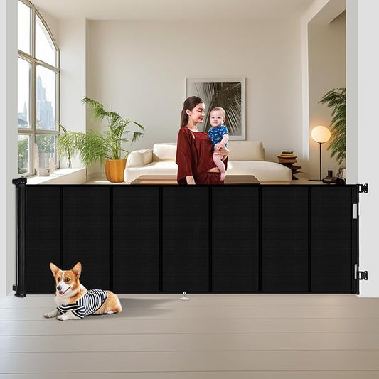 150 inch Retractable Baby Gates 42 inch Tall, Retractable Gate with Reinforced Strip Design to Prevent Crawling Through, 12 FT Extra Wide Retractable Dog Gate for Indoor/Outdoor