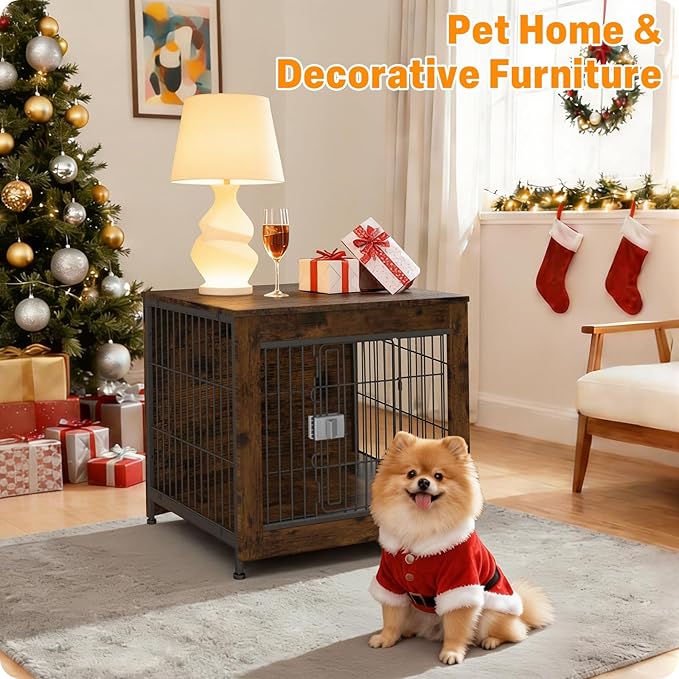 Furniture Style Dog Crate, 27" Wooden Dog Kennel End Table with Solid Top, Indoor Pet Crate House with Secure Slide Lock, Modern Dog Cage Furniture for Small & Medium Dogs, Aged Black