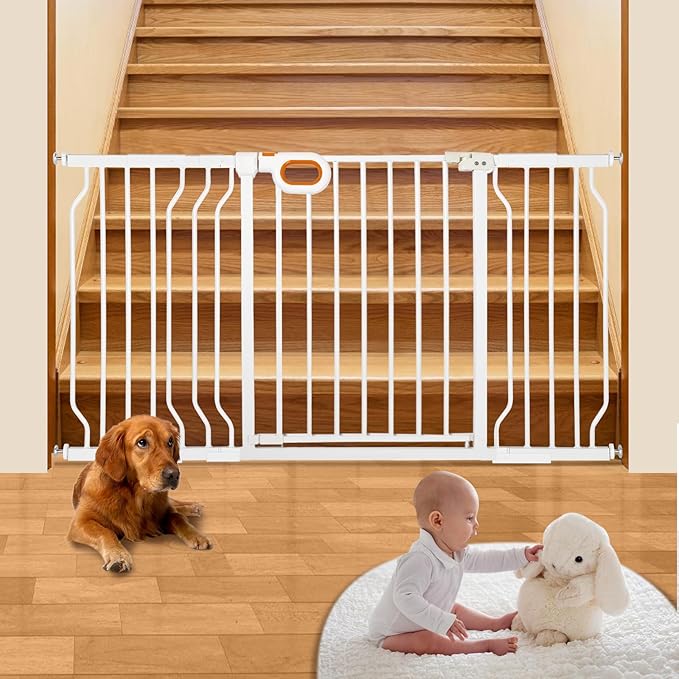 owlie Baby Gate for Stairs - 29-57'' Wide,No Drilling, Pressure Mount, White (30.5'' Tall)