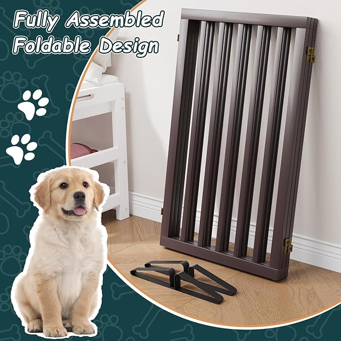 Semiocthome Freestanding Dog Gate 32" Tall, 3-Panel Foldable Dog Gates for Doorways Stairs House, Pet Gate Indoor with 2 Metal Stands, Espresso