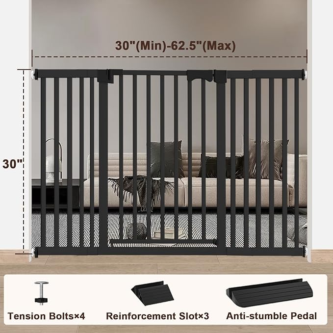 30"-62.5" Extra Wide Baby Gate for Doorways/Hallways,Pressure-Mounted Dog Gate Indoor for Stairs, Auto Close Pet Door for Child/pet Proof Safety, No Need Drilling,Black
