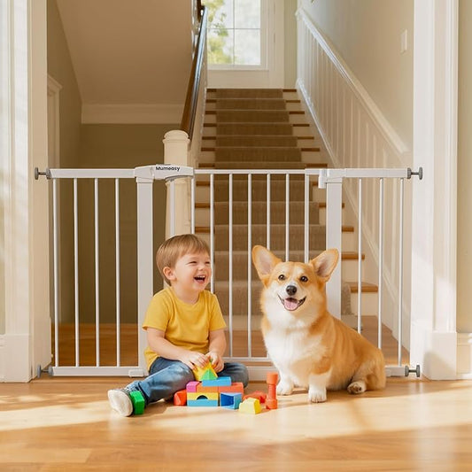 Mumeasy 29.7–51 Inch Extra Wide Baby Gate for Stairs, Extra Long Indoor Dog Gate for Doorways, Pressure Mounted Walk Thru Child Gate with Auto-Close, No-Drill Safety Pet Gate with Door for House,White