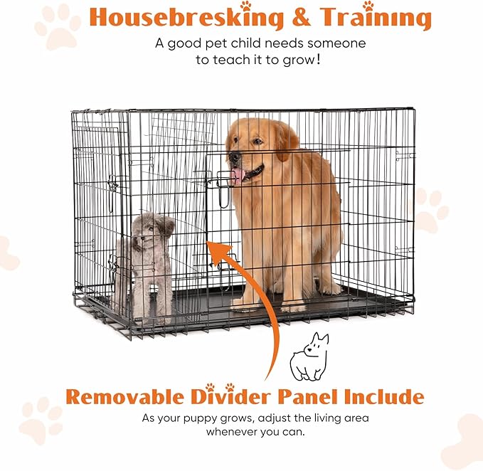 Sweetcrispy Dog Crate, 48 Inch Double Door Folding Metal Wire Dog Cage with Plastic Leak-Proof Pan Tray, Extra Large Pet Kennel for Indoor, Outdoor, Travel