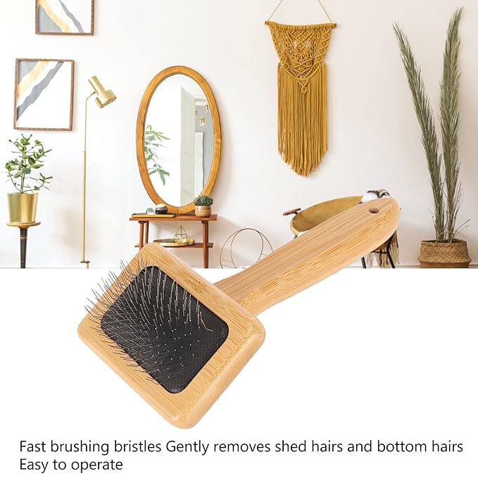 Macrame Slicker Comb with Hole Cushion Finely Polished Bamboo Cleaning Slicker Brush for Pet Tapestry Work Fast and Save Time (Small Size 7.9 X 11.8in)