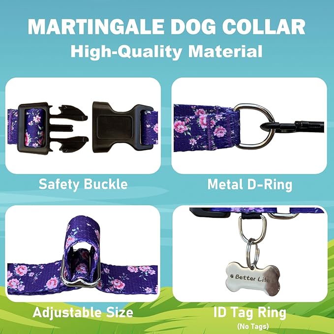 Martingale Collar for Dogs with Buckle Purple Floral Girl Female Soft Nylon Dog Collars for Extra Large Dogs (Purple Flower, XL)