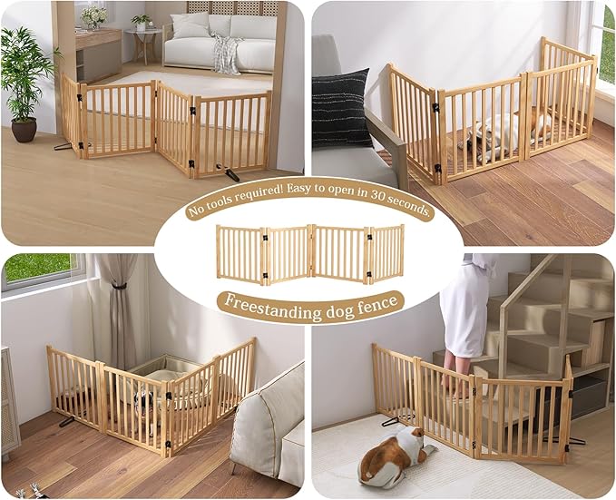Solid Wood Freestanding Pet Gate,Nature Wood Dog Gates for Doorways The House,Pet Gate for Stairs,Freestanding Indoor Gate Safety Fence,23" Height-4 Panels
