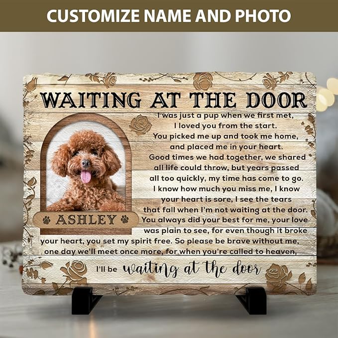 Wait at The Door Memorial Stones - Personalized Condolence Gifts with Name and Picture of Dog, Cat Passing Away - Rectangle Colored-Background Variable Rocks for Pet Mom Loss Gift