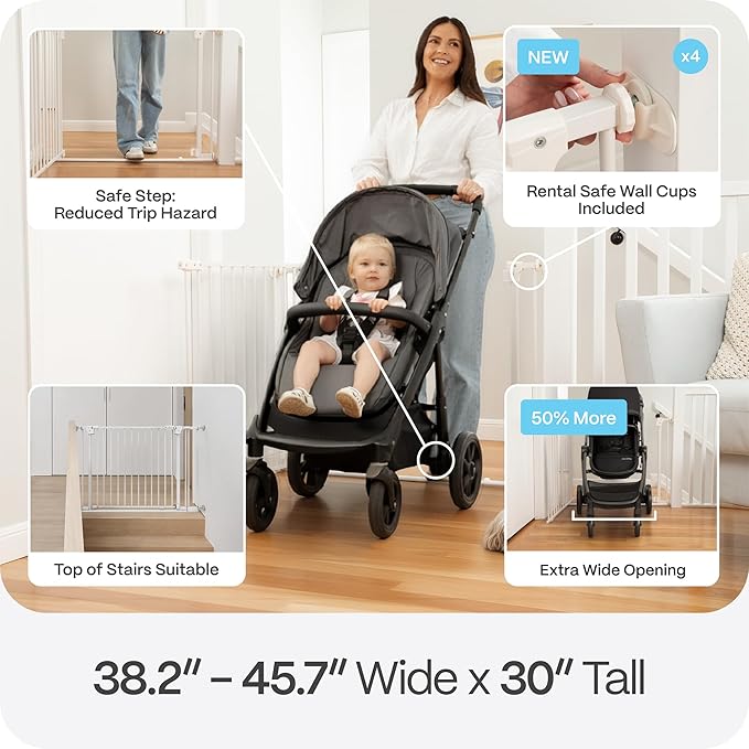 Perma Child Safety Safe Step Baby Gate for Stairs & Doorways, Rental Safe, Install Pressure in Minutes, Mounted Gate, Auto Close, Stay Open, Ultra-Low Bar (38.2–45.7" Wide x 30" Tall)