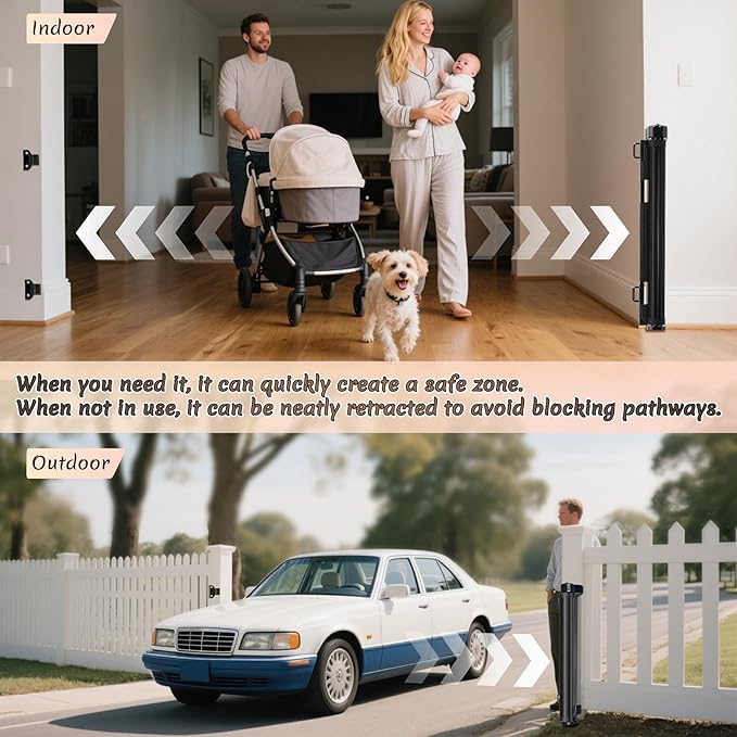 200 inch Retractable Baby Gates 42 inch Tall, Retractable Gate with Reinforced Strip Design to Prevent Crawling Through, 16 FT Outdoor Retractable Gates, Extra Wide Retractable Gate for Garage