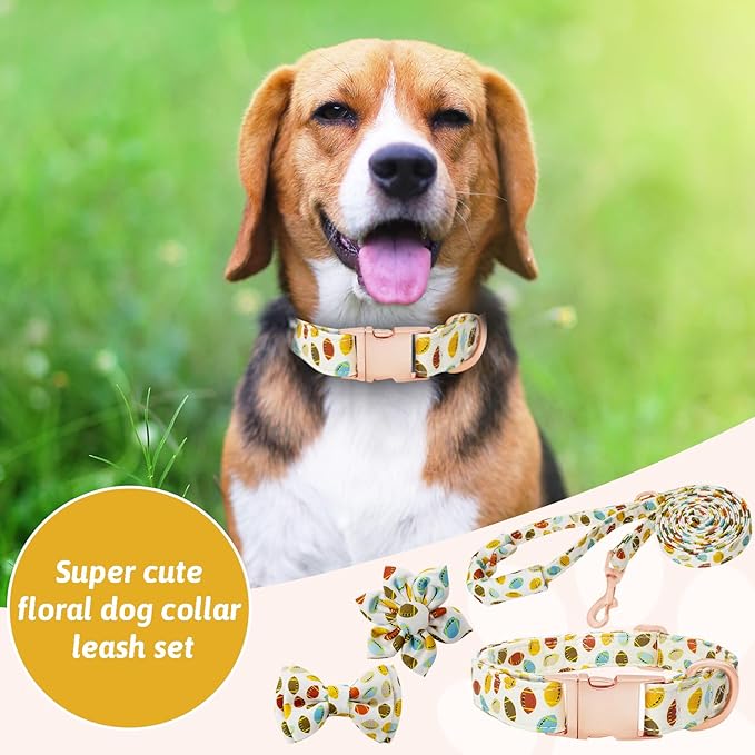 Dog Collar and Leash Set Girls Adjustable Puppy Collars with Floral Bow Tie for Small Medium Large Female Dogs, Rugby, M