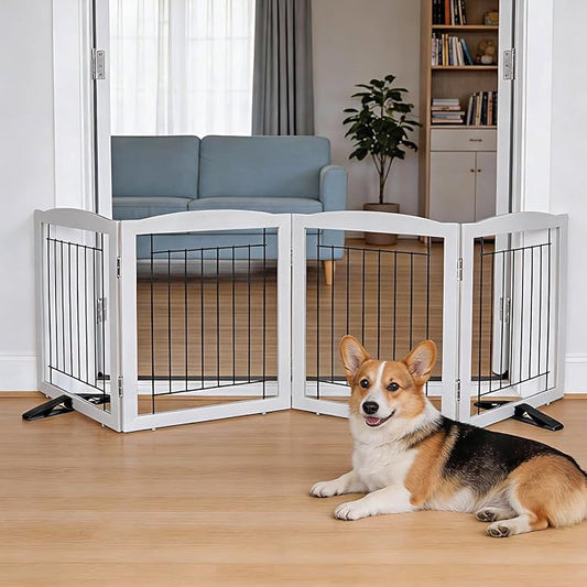 Dog Fence Indoor,Dog Gate Indoor for Doorway pet gate -4-Panel Freestanding, Hallways, House or Stairs -80x24-Inch Retractable Foldable Expandable Wood Pet by SFJC (Grey) ﻿
