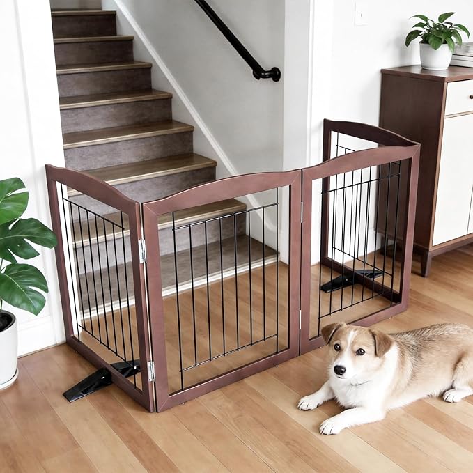 Dog Fence Indoor,Dog Gate Indoor for Doorway pet gate -6-Panel Freestanding, Hallways, House or Stairs -120x24-Inch Retractable Foldable Expandable Wood Pet by SFJC (Brown) ﻿