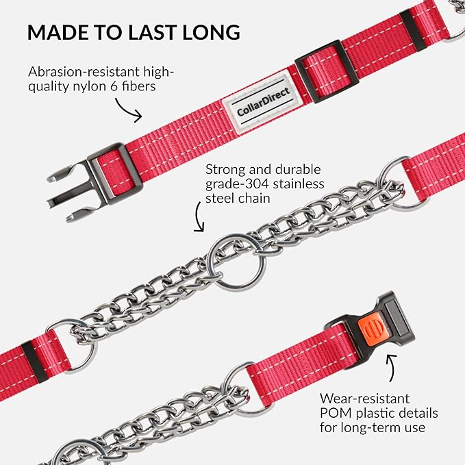 CollarDirect Martingale Dog Collar with Stainless Steel Chain and Quick Release Buckle - Reflective Collar for Large, Medium, Small Dogs - Pink, Small (Neck Size 12"-15")