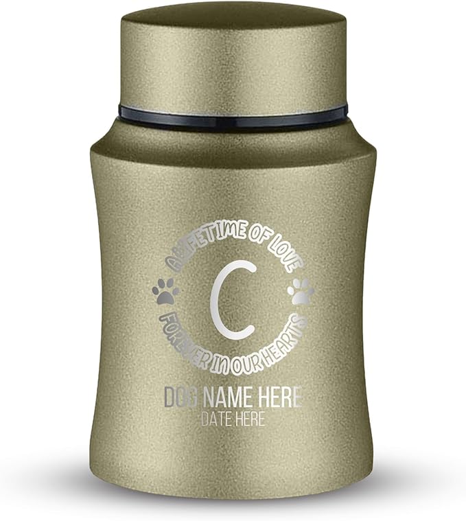 Customized Small Keepsake Urn Personalized Engraved with Pet Name, Date, and Dog Design - 4" Powder Coated Cremation Mini Compact Urn for Dogs Ashes | 5–10 Lbs Capacity | Washed Gold, Lifetime of Love