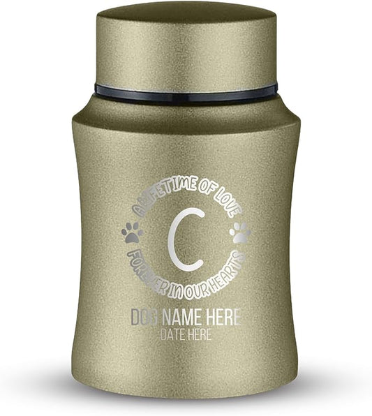 Customized Small Keepsake Urn Personalized Engraved with Pet Name, Date, and Dog Design - 4" Powder Coated Cremation Mini Compact Urn for Dogs Ashes | 5–10 Lbs Capacity | Washed Gold, Lifetime of Love