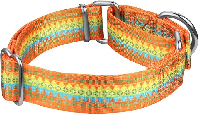 Fashion Print and Unique Geometric Pattern Martingale Dog Collar, Silky Soft Safety Training Collars for Small to Large Dogs (Large, 1 Inch Wide, Orange Yellow and Green)