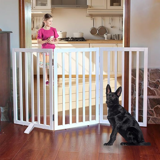 Dog Gate Indoor, Freestanding Dog Fence for The House, Doorways, Hallways,or Stairs,Pet Gate Foldable Wooden,Expandable 32" Height 3 Panels,White