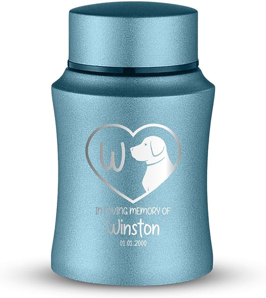 Customized Small Keepsake Urn Personalized Engraved with Pet Name, Date, and Dog Design - 4" Powder Coated Cremation Mini Compact Urn for Dogs Ashes | 5–10 Lbs Capacity | Powder Blue, Initial in Heart