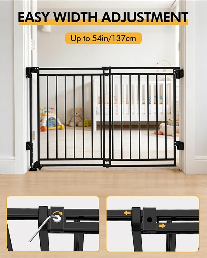 Baby Gate for Stairs Doorways & Kitchen, Extra Wide 32"-54" W x39 H Extra Tall, No Bottom Bar Dog Gate, One-Handed Auto-Close, Hardware Mount Safety Gate for Dogs & Toddlers, Black