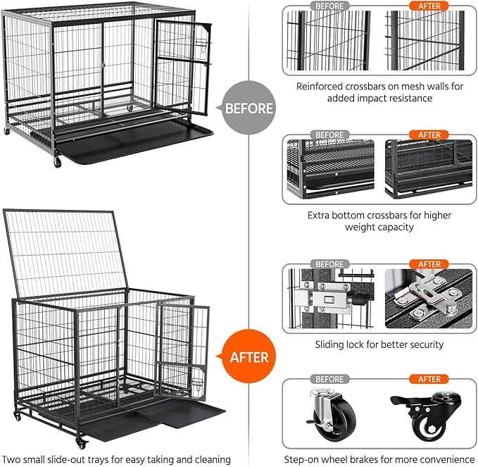 Yaheetech 43In Large Dog Crate, Heavy Duty Metal Dog Kennel Collapsible Open Top Pet Cage Kennel with Double Doors, Prevent Escape Locks, Lockable Wheels, Double Tray Indoor Outdoor, Extra Large XL