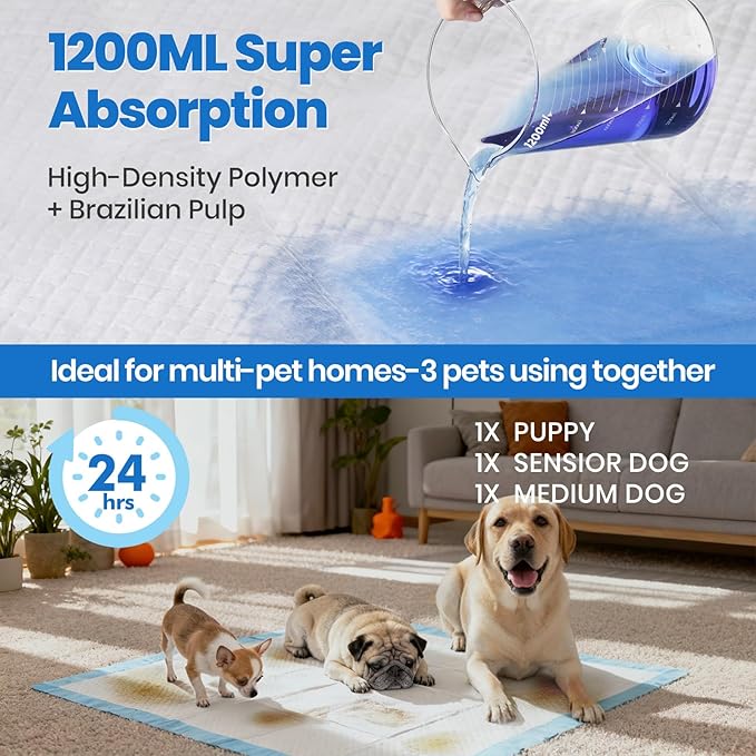 Gimars XL 6-Layer Ultra Absorbent 1200ml 48-Hour Leak-Proof Dog Pee Pads, Quick Dry Extra Large Puppy Pads for Puppy Training, Senior & Incontinent Dogs, Cats, Overnight Use, 28"x34", 30 Count