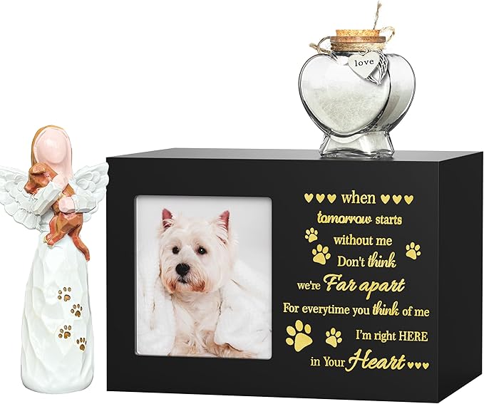 Pet Memorial Urn with Photo Frame, 110 Cubic Inches Wooden Pet Cremation Urn for Dogs & Cats, Sympathy Gift Set with Angel Figurine, Fur Keepsake Bottle & Ashes Bag