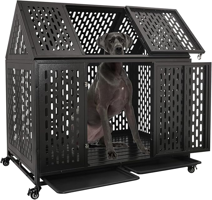 44 inch Heavy Duty Dog Crate with Wheels, Indestructible Escape-Proof Steel Pet Kennel for High Anxiety Large Medium Dogs, Chewproof Indoor Double Door Dog Kennel with 2 Trays, 4 Locks, XL