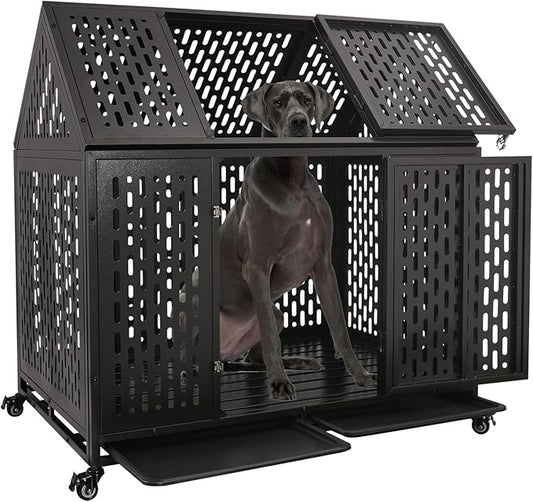 44 inch Heavy Duty Dog Crate with Wheels, Indestructible Escape-Proof Steel Pet Kennel for High Anxiety Large Medium Dogs, Chewproof Indoor Double Door Dog Kennel with 2 Trays, 4 Locks, XL