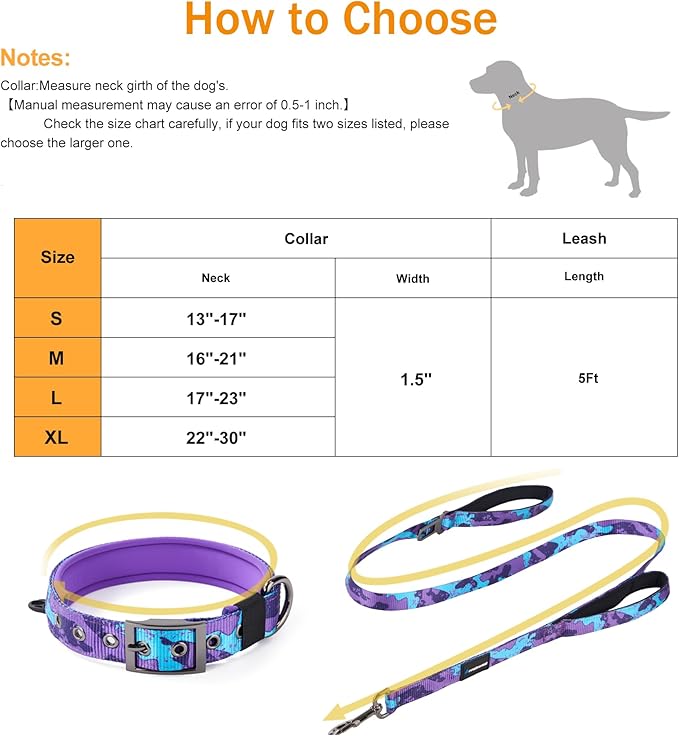 Annchwool Adjustable Dog Collar and 5FT Leash Set with Heavy Duty Metal Buckle–Comfortable Lining Collar &Dual-Handles for Medium Large Dogs Walking,Running,Car Travel (Camo Purple Set,XL:22''-30'')