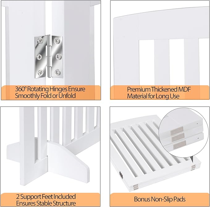 Dog Gate 61 x 24 Inch Freestanding Indoor Pet Door for House Doorways Stairs Halls, Foldable Wood Safety Fence 3 Panels, White