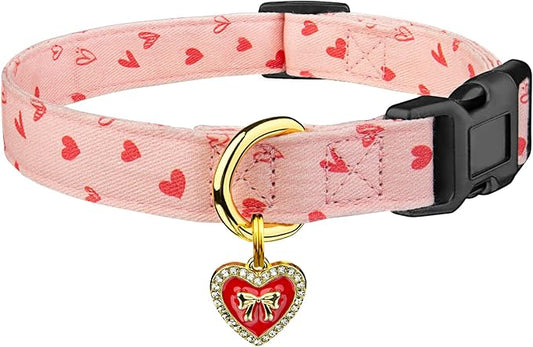 Cotton Handmade Dog Collar Cute and Distinctive Patterns Pink Heart with Pendant for Girl Boy Dogs Collars S