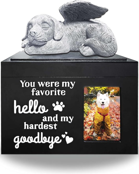 Dog Urns for Ashes Up to 100 lbs, Premium Wooden Pet Urns for Dogs with Memorial Photo Frame and Resin Statue, Dog Urn Sympathy Gift for Both Large Midium Golden Retriever, Labrador, Shepherd