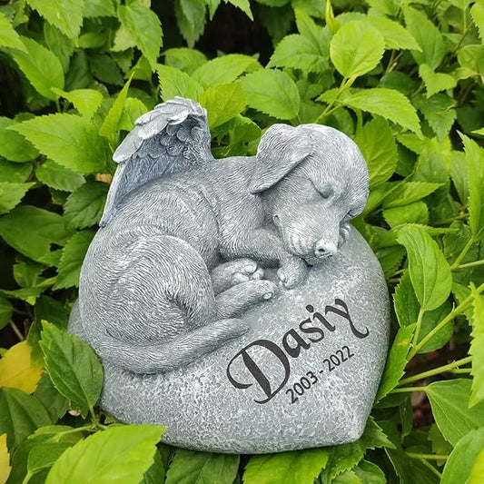 Personalized Angel Dog Statue Memorial Stones Grave Markers with A Sleeping puppy On the Heart-Shaped Stone-Dog Memorial Gifts for Loss of Dog.