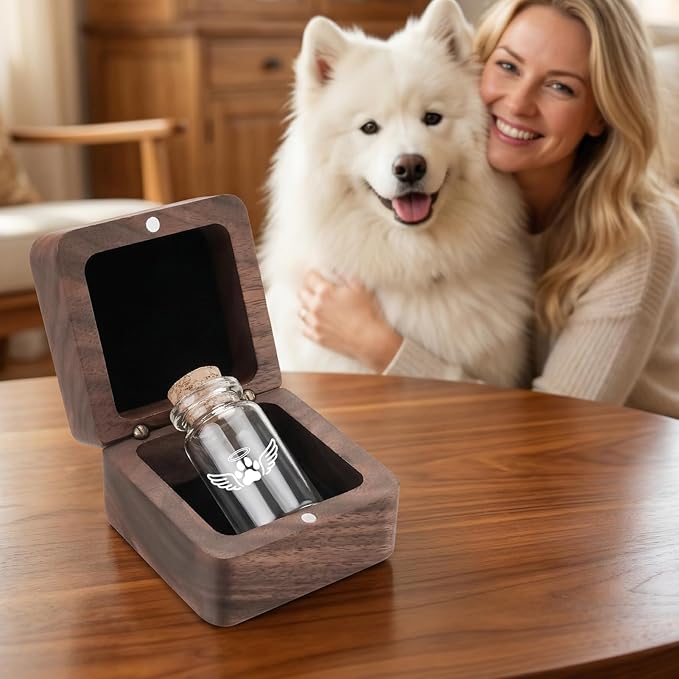 SOITIS Small Pet for Dogs Cats Urns for Ashes Wooden Box, Small Glass Urn for Pets Ashes Keepsake, Pet Urns for Ash Funeral Keepsake Urn for Dog Ashes