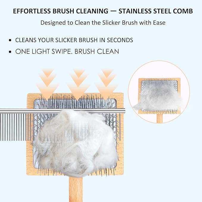 Dog Slicker Brush for Goldendoodles, Poodles & Long Haired Dogs - Long Pin Doodle Brush & Pet Comb Kit Removes Tangles Loose & Knots, Professional Grooming Tools with Wooden Handle, Natural