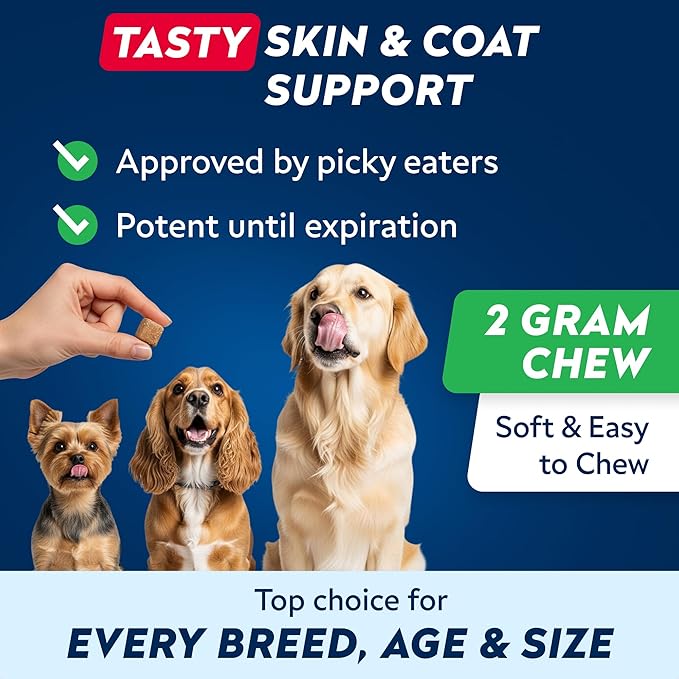 STRELLALAB Omega 3 for Dogs - (180Ct) Fish Oil Treats - Allergy & Itch Relief Skin & Coat Supplement - Dry Itchy Skin, Anti Shedding & Hot Spots Treatment - Pet Salmon Oil Chews - Chicken Flavor
