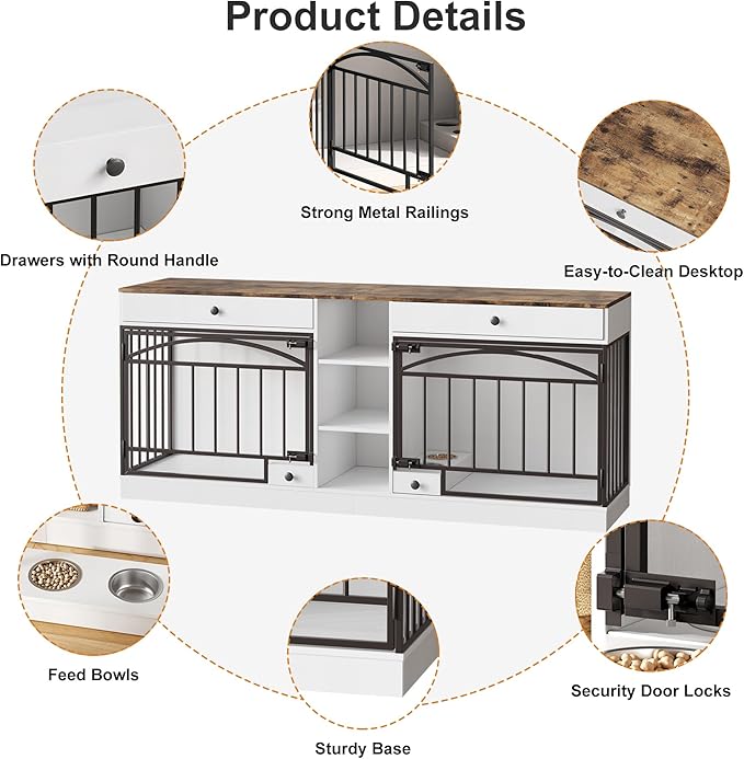 IDEALHOUSE 78.7" Double Dog Crate Furniture with Storage and 2 Doors, Dog Kennel Indoor with Feeding Bowls, Wood Dog Crate TV Stand for Small Medium Dogs, White
