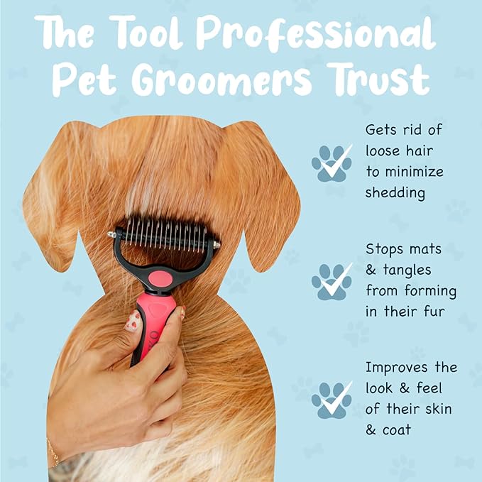 Sinko Deshedding Dog and Cat Brush, Dematting Comb with Extra Wide Double-Sided Stainless Teeth for Detangling, Deshedding, Brushing & Removing Shed Fur, Knots, Mats, and Tangles in Pets (Pink)