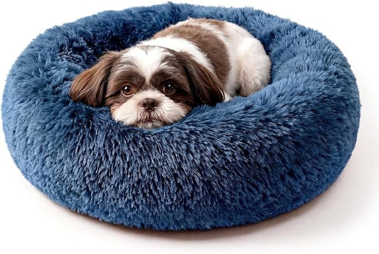 Calming Donut Dogs Beds for Small Dogs Washable,23inch Plush Round Pet Bed for Cozy Sleep,Fluffy Faux Fur Large Cat Bed,Fits up to 25 lbs Pets,Navy Blue