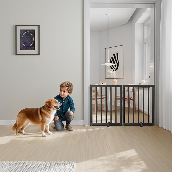 Semiocthome Bamboo Dog Gates Indoor 2-Panel Freestanding Puppy Gates for The House with 2 Metal Stands 24" H Folding Wood Pet Gate for Stairs Doorway, Fully Assembled Safety Fence - Black