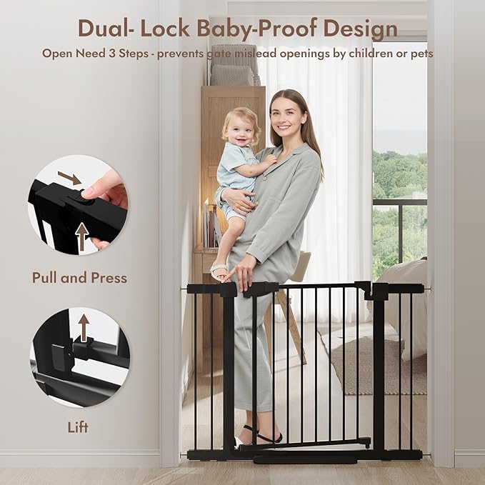 29-43" Baby Gate for Stairs, 36" Tall Dog Gate Indoor, Pressure Mountd Baby Gates with Auto-Close/Hold-Open Features and Anti-Trip Pedal, Safety Kids Gate for Doorways, House, Stairs