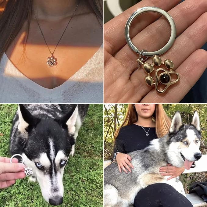 Dog Memorial Necklace & Keychain Gifts Personalized Projection Picture Custom Photo for Pet Lover in Memory of Cat